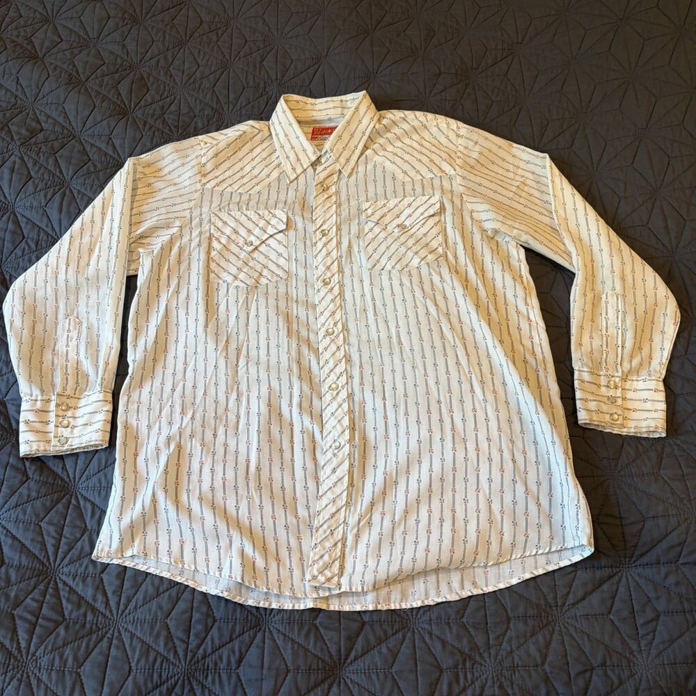 Vintage Ely Plains Western Shirt Mens Size 17/34 Beige Geometric Pearl Snap Long